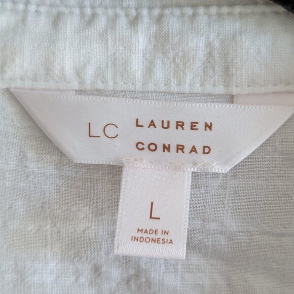 Lauren Conrad White Button Up Bishop Sleeve Blouse with Lace Sleeve Detail - L - Picture 6 of 9